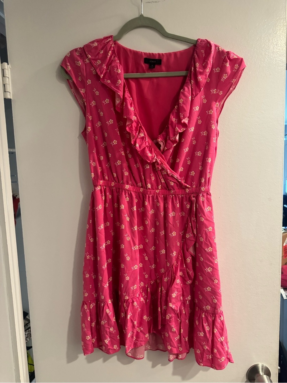 J. Crew Hot Pink Floral Ruffle Wrap Dress- size 6